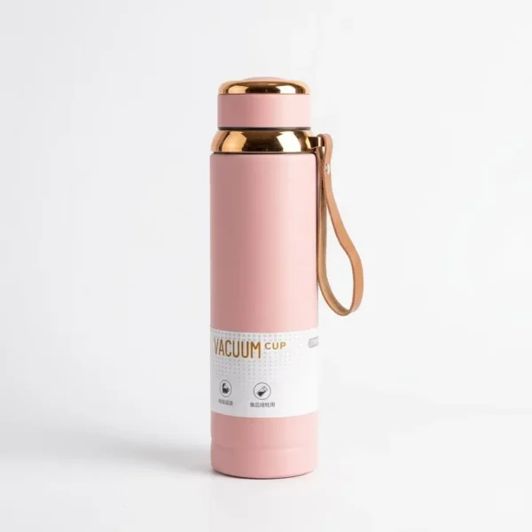 Best Stylish Pink Vacuum Cup Water Bottle | Insulated Travel Bottle with Carrying Strap & Gold Trim